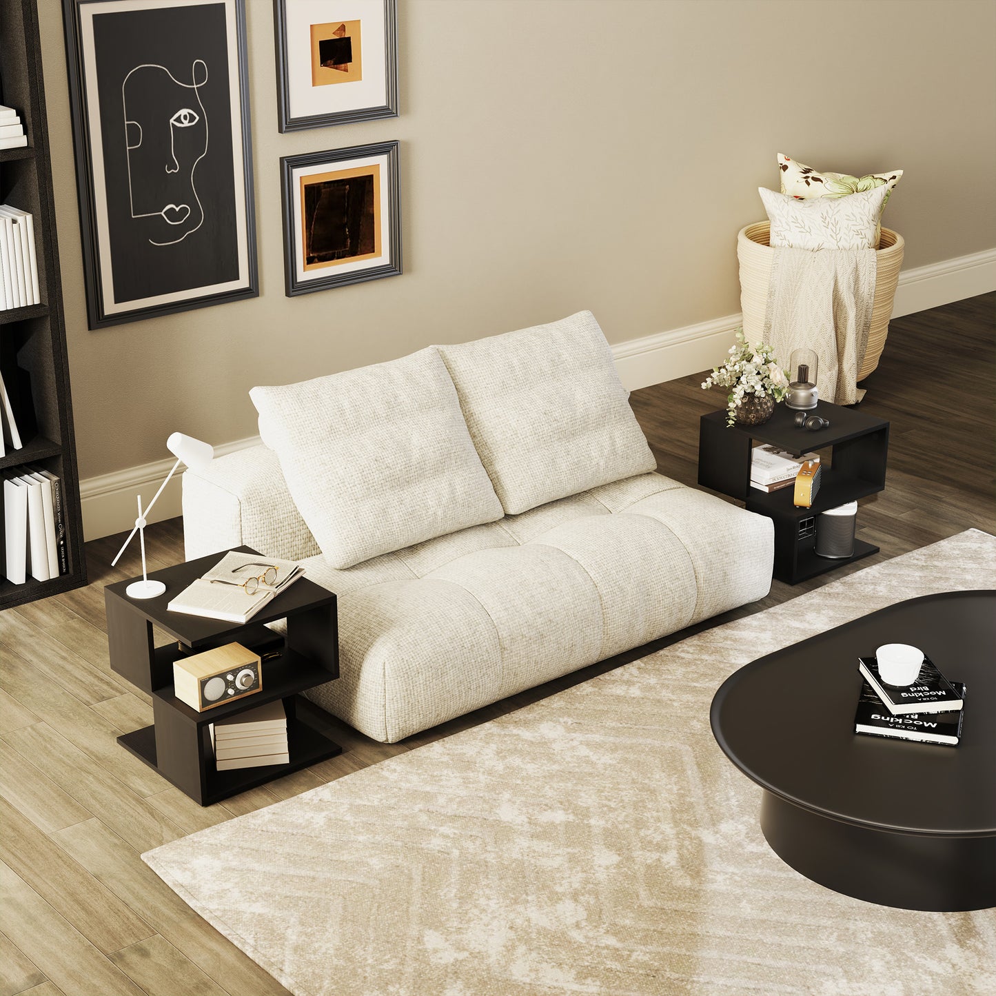 HOMCOM Set of 2 Side Table Square Coffee Table, Modern End Table with 2 Tier Storage Shelves for Living Room, Bedroom, Black