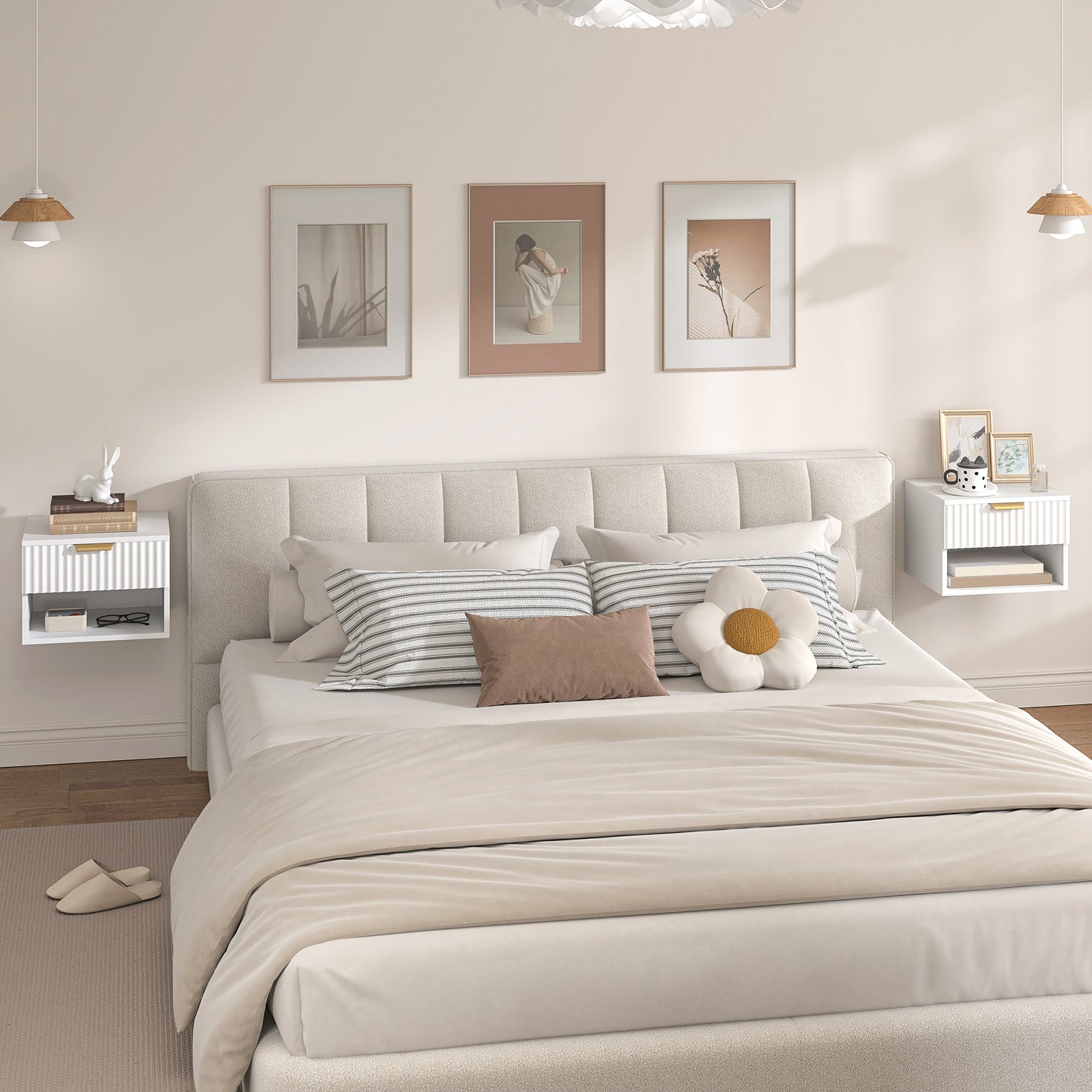 HOMCOM Floating Nightstands Set of 2, Modern Wall Mounted Bedside Tables with Fluted Drawer and Open Shelf for Bedroom, White