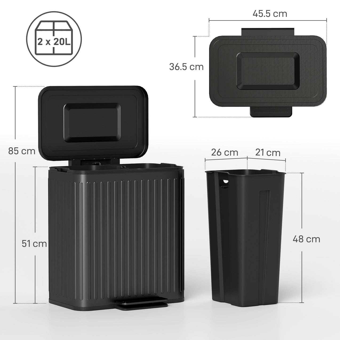 HOMCOM 40L Dual Compartment Rubbish Bin, with Soft-Close Lid - Black
