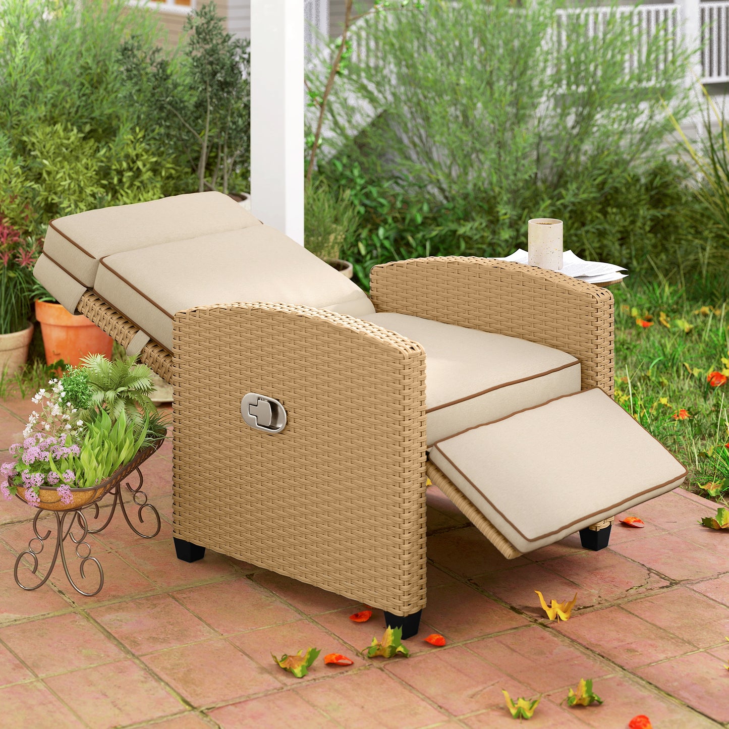 Outsunny 145° Reclining Rattan Armchair, with Footrest - Khaki/Beige