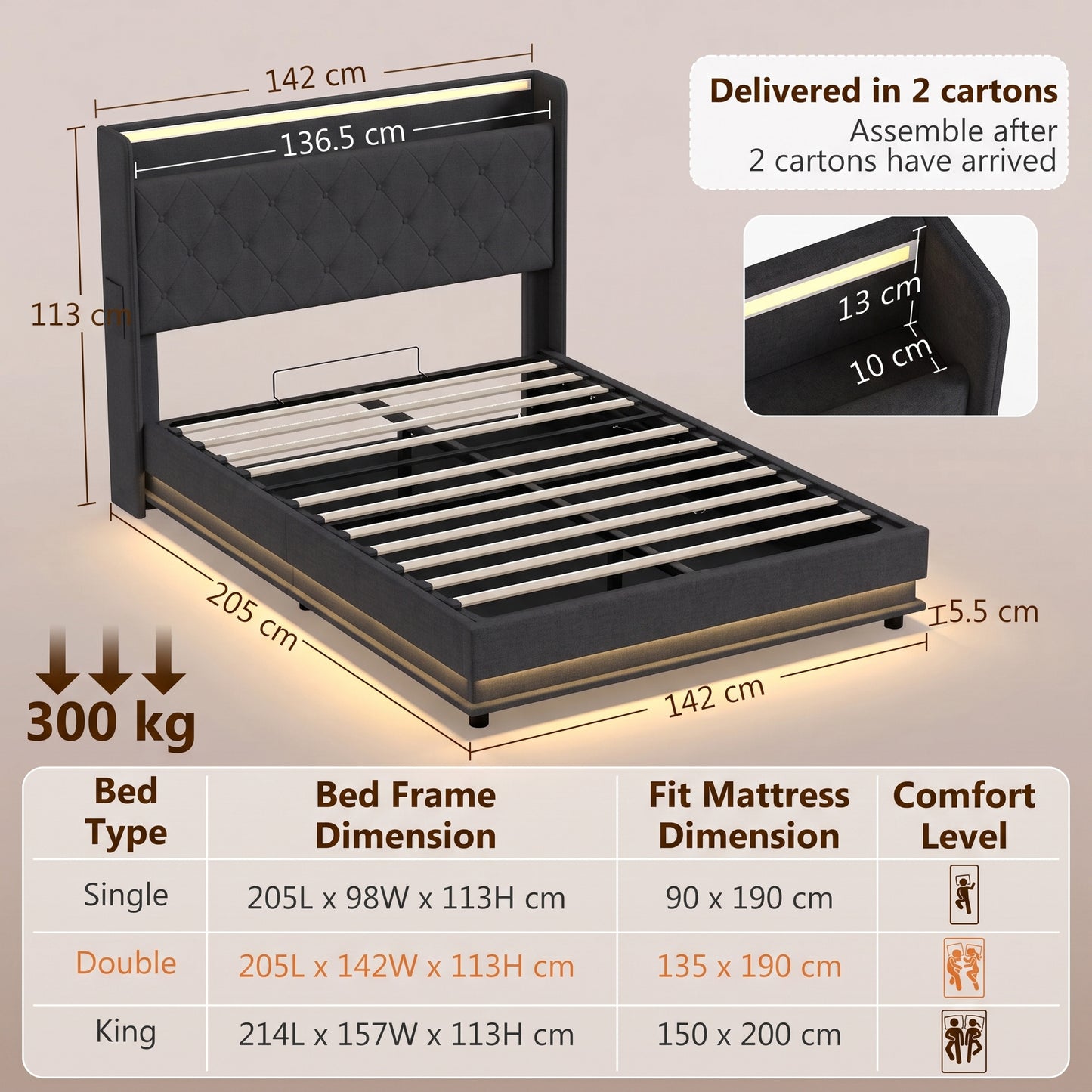 HOMCOM 4ft6 Double Bed Frame with Headboard, Platform Bed Frame with Hydraulic Storage, LED Lights and Charging Station, Black