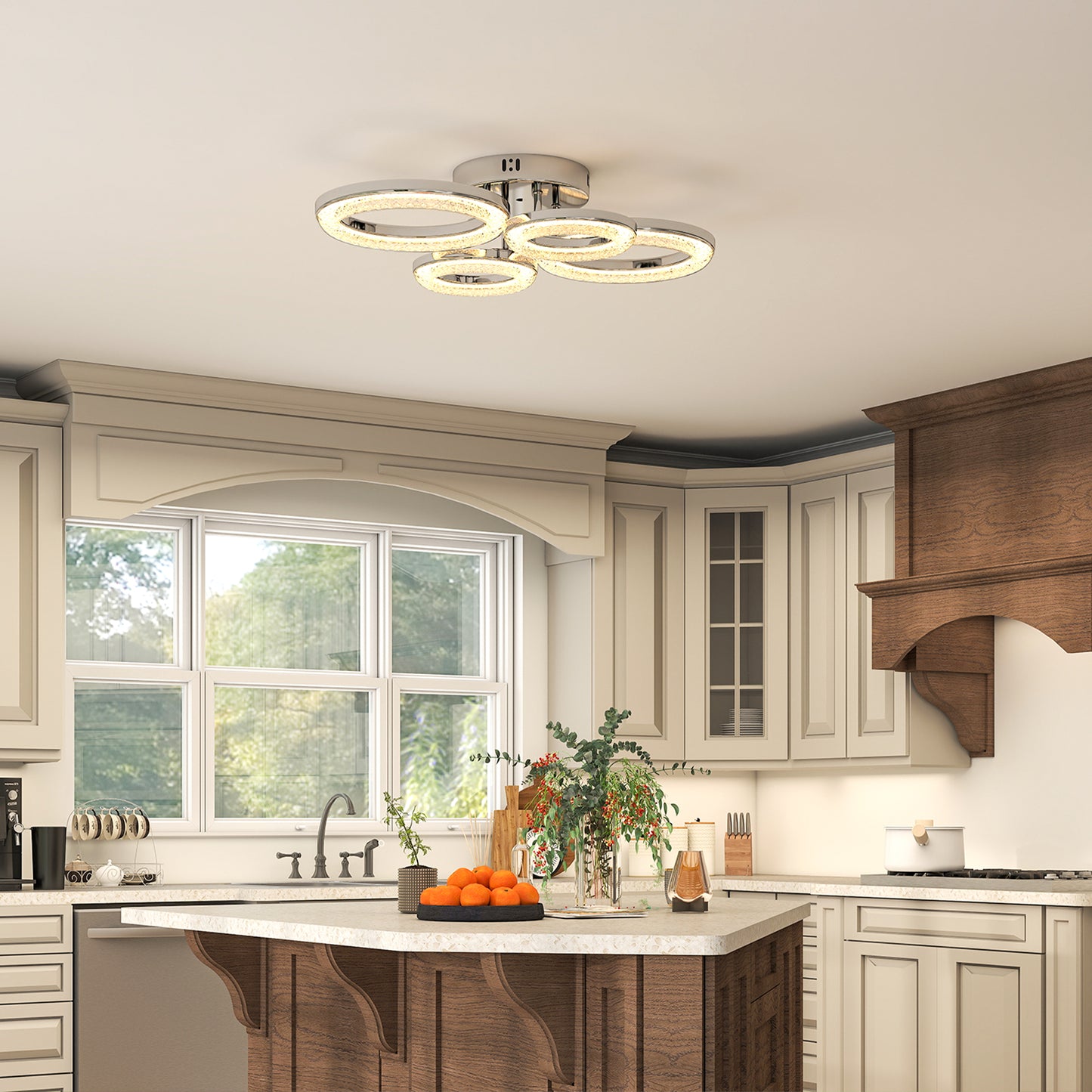 HOMCOM 4-Ring LED Ceiling Light, Flush Mount Ceiling Light with 3 Colour Temperatures, Silver Tone