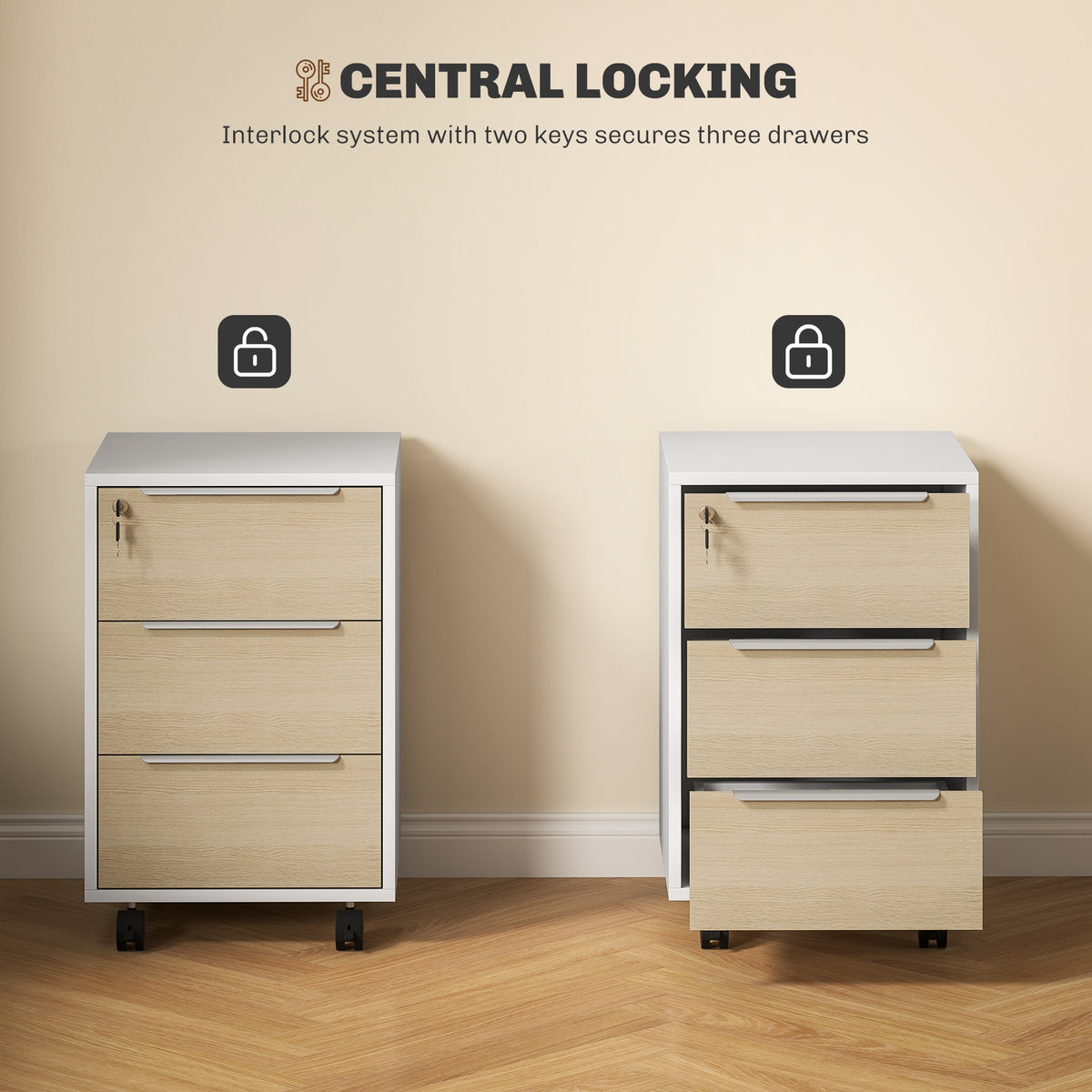 HOMCOM Three-Drawer Locking Filing Cabinet - Oak/White