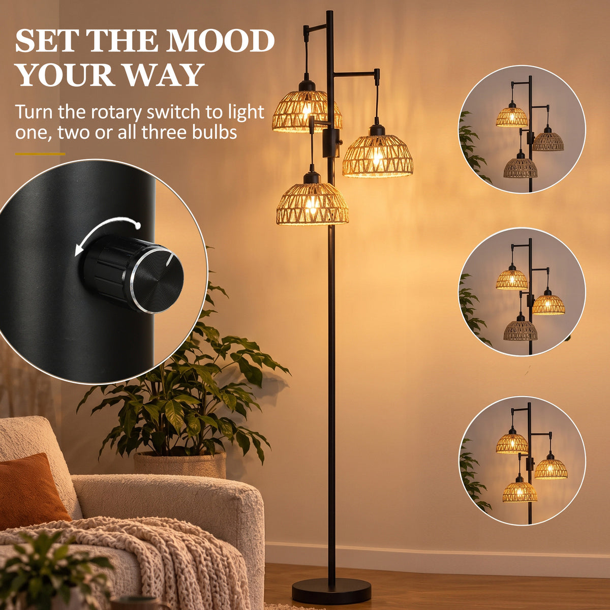 HOMCOM 3-Light Floor Lamp, Standing Lamp with Paper Rope Shades, 4-Stage Rotary Switch for Living Room, Bedroom, Study