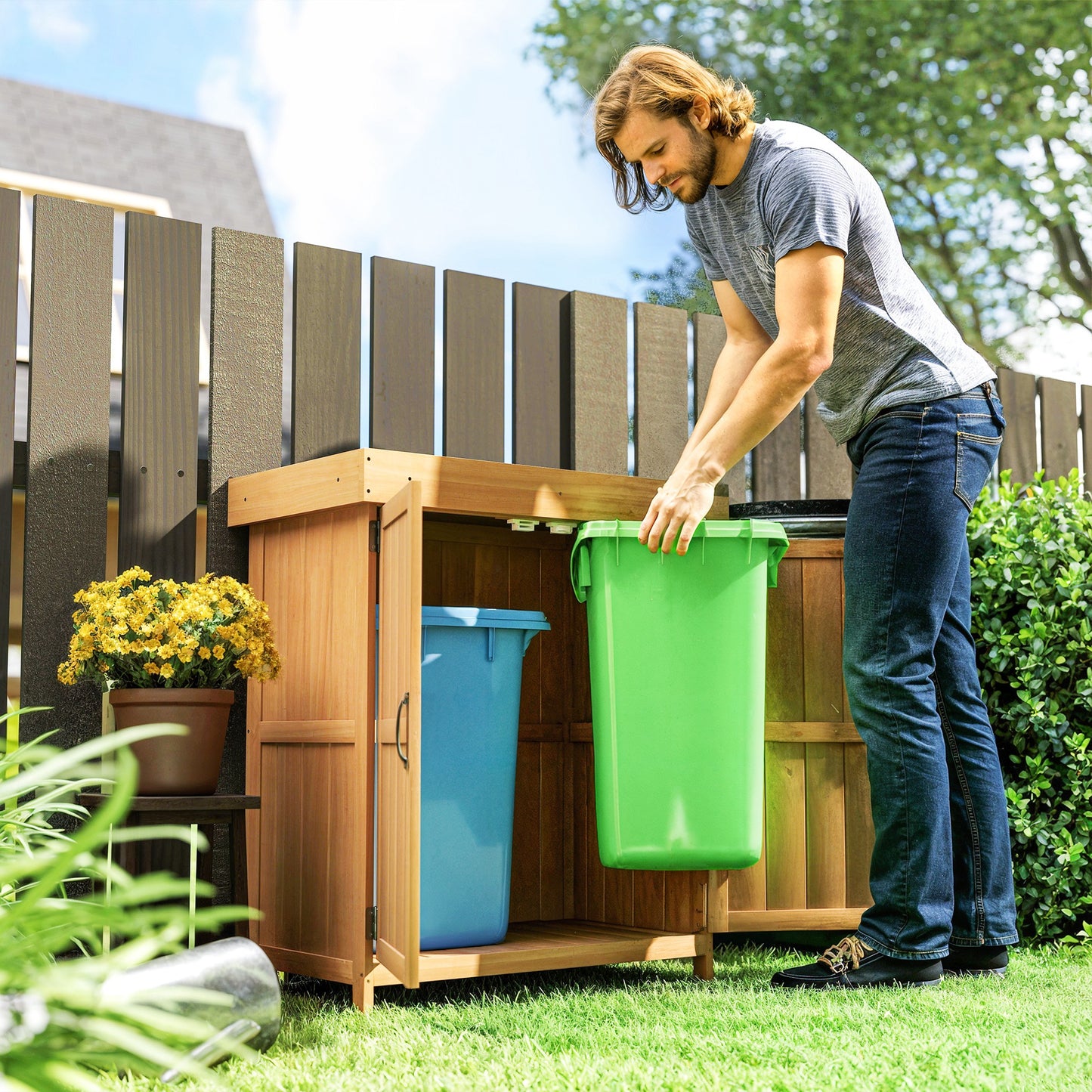 Outsunny Small Shed, Wooden Garden Shed with Openable Hinged Roof and Removable Shelf, Outdoor Tool Storage Cabinet Chest with Double Doors, 74 x 43 x 88 cm, Natural Wood Finish