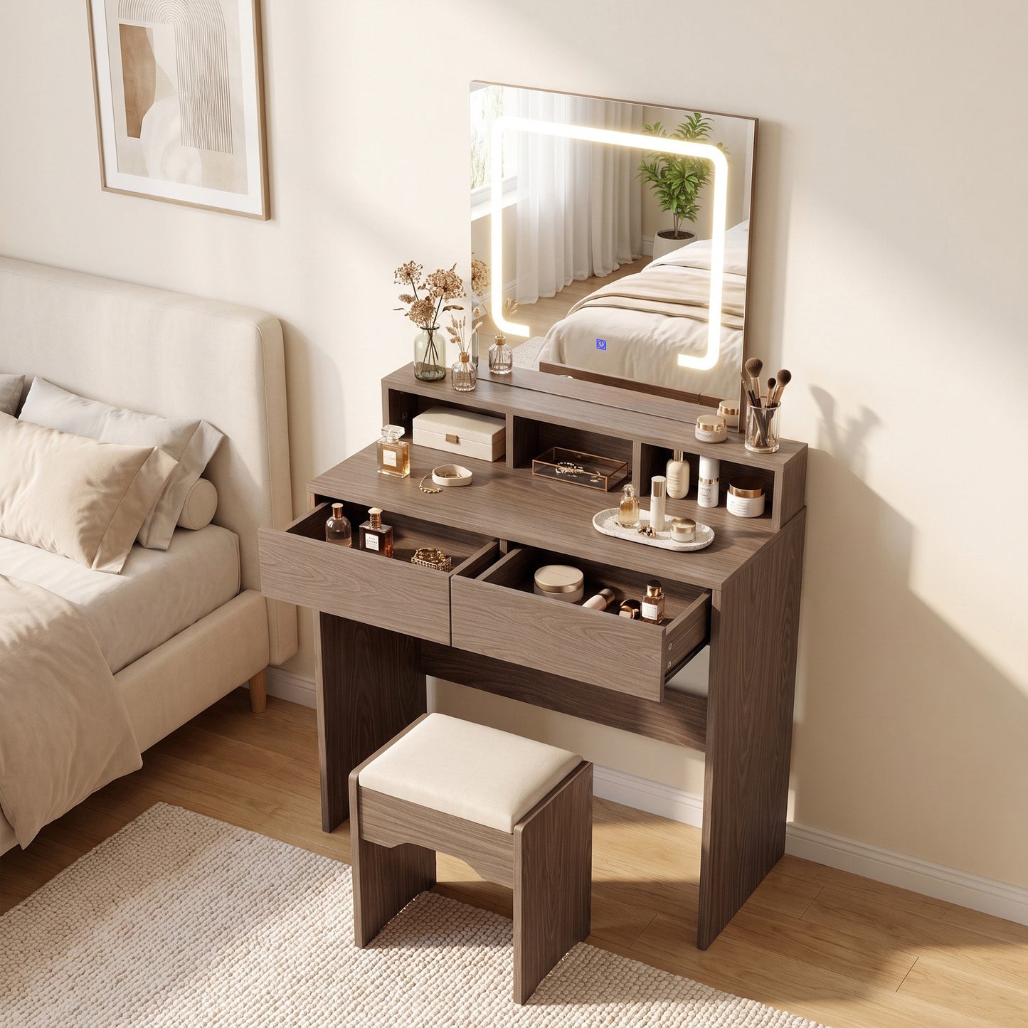 HOMCOM Vanity Table, Dressing Table with Mirror, LED Lights, 2 Drawers, 3 Compartments, 3 Colour Lighting, Walnut