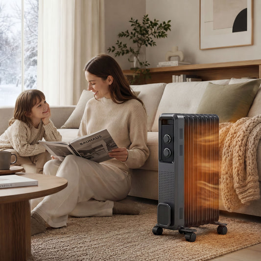 HOMCOM 2000W Oil Filled Radiator, 9 Fin, Portable Electric Heater with 3 Heat Settings, Safety Cut-Off and Wheels, Grey