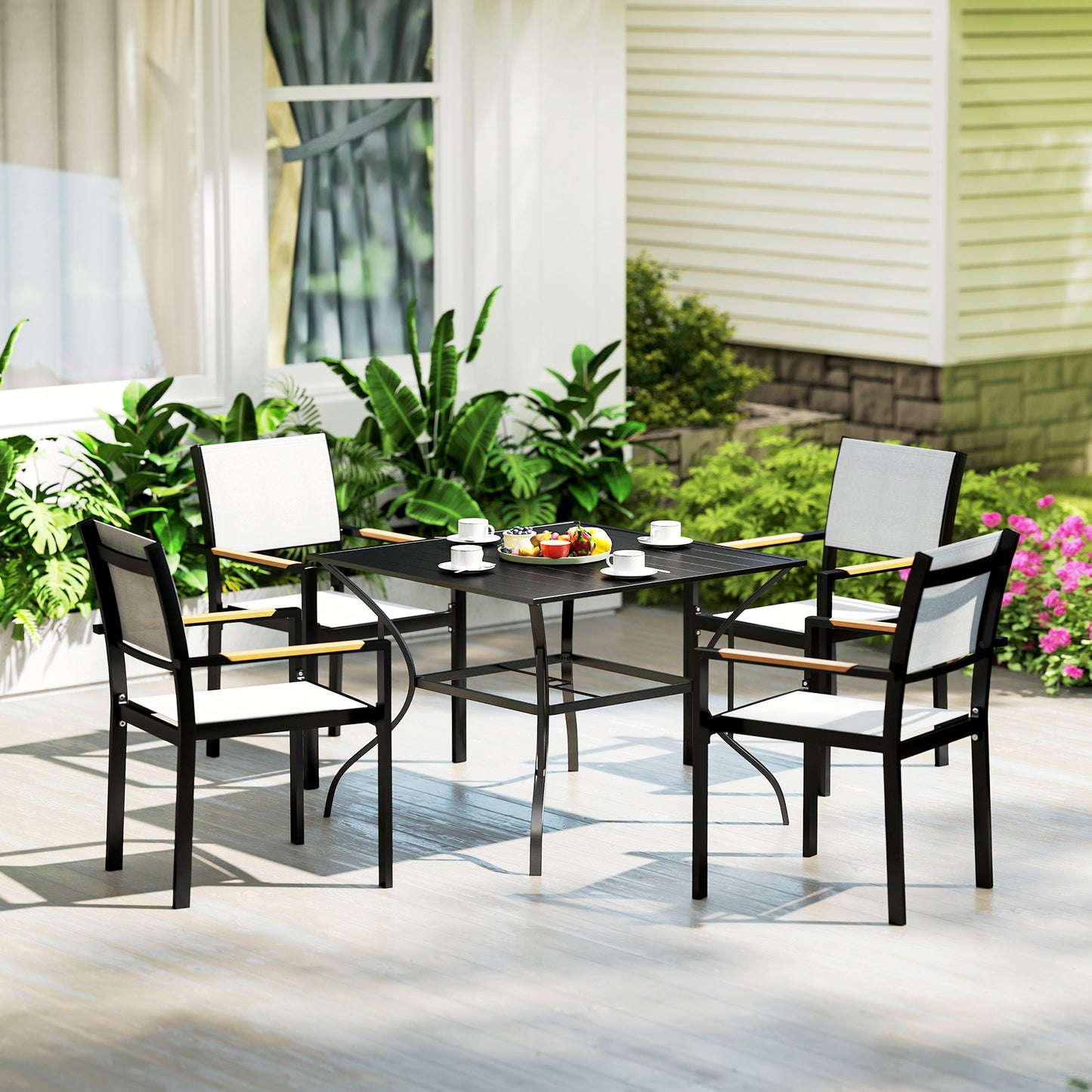 Outsunny 94 x 94 cm Garden Table with Parasol Hole, Outdoor Dining Garden Table for Four with Slatted Metal Plate Top, Black