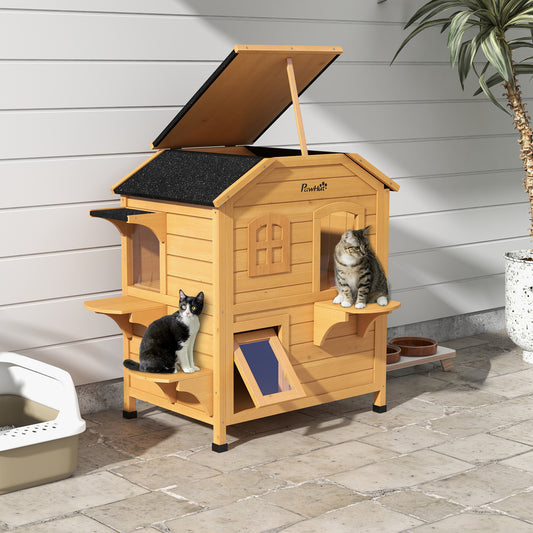 PawHutÂ 2-story Cat House Outdoor, WeatherproofÂ Wooden Cat Enclosure for Feral Cats with Escape Door, Openable Roof, Jumping Platforms, Natural Wood Finish