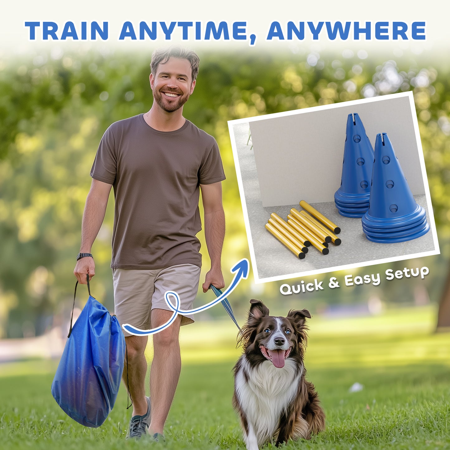 PawHut Dog Agility Equipment Set of Eight Cones, Eight Poles w/ Carry Bag, Four-Piece Adjustable Height Jumping Obstacles Blue