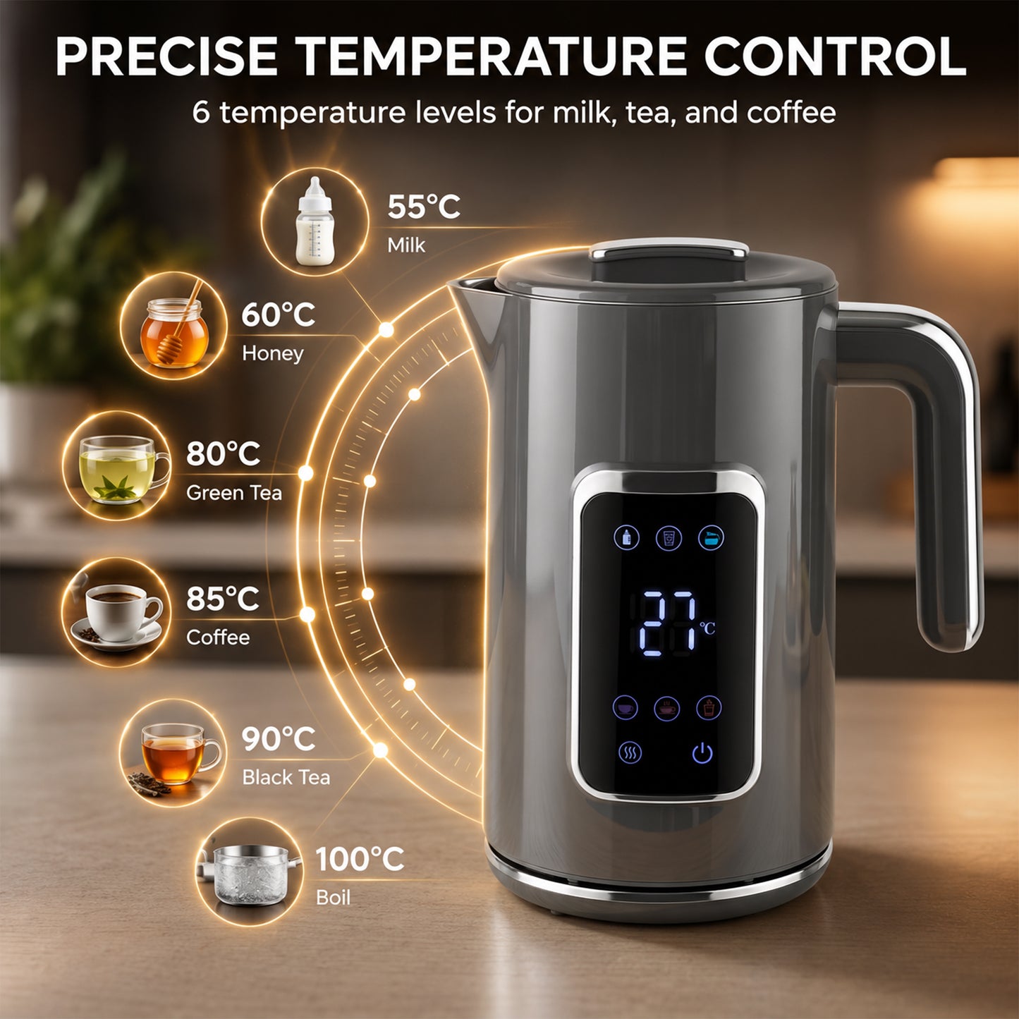 HOMCOM Electric Kettle, 1.7L Fast Boil 3000W Water Kettle with LED Display, Adjustable Temperature, Keep Warm Function, Grey
