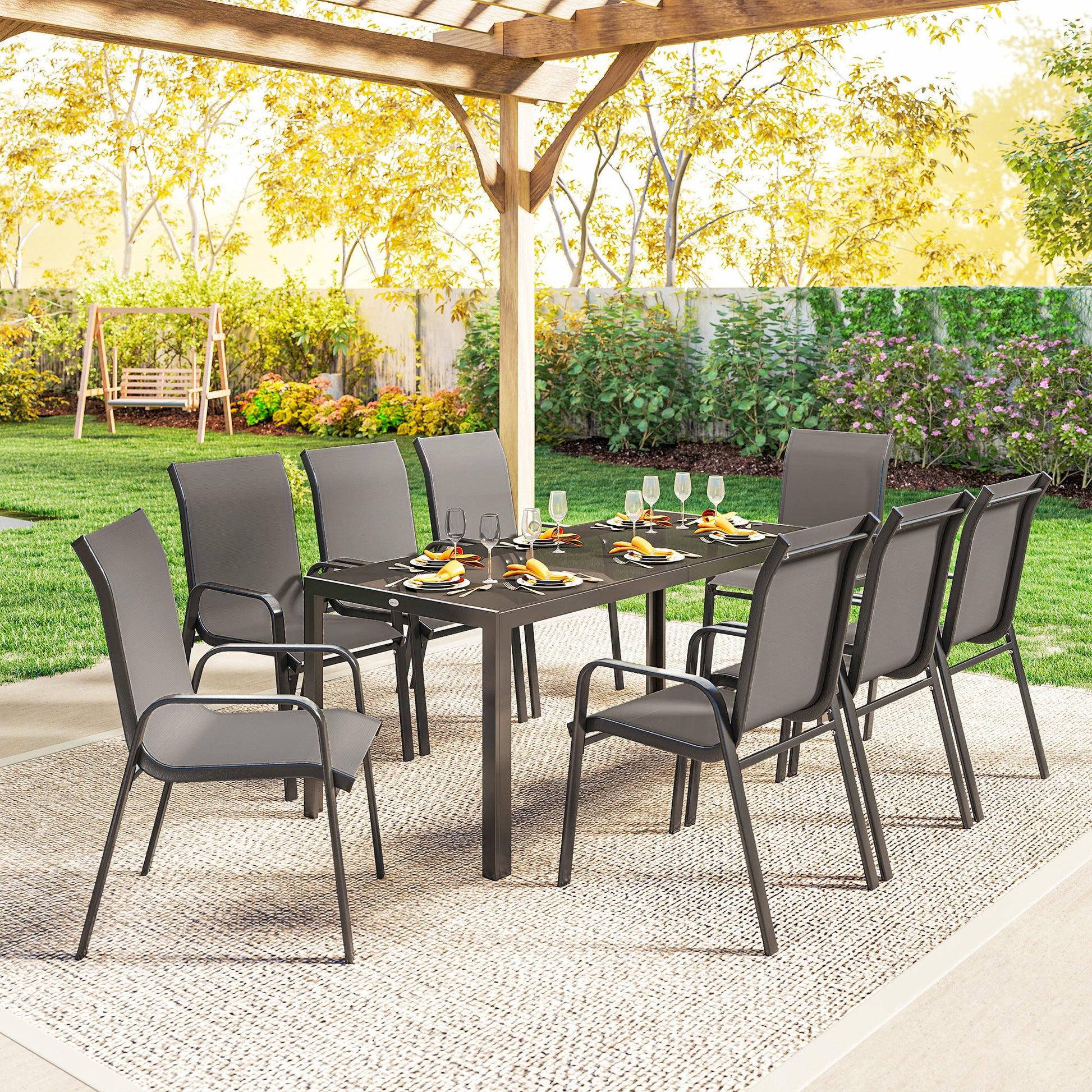Outsunny 9 Pieces Garden Dining Set, Outdoor Table and Chairs Set for 8, Garden Furniture Set with Tempered Glass Top, Dark Grey
