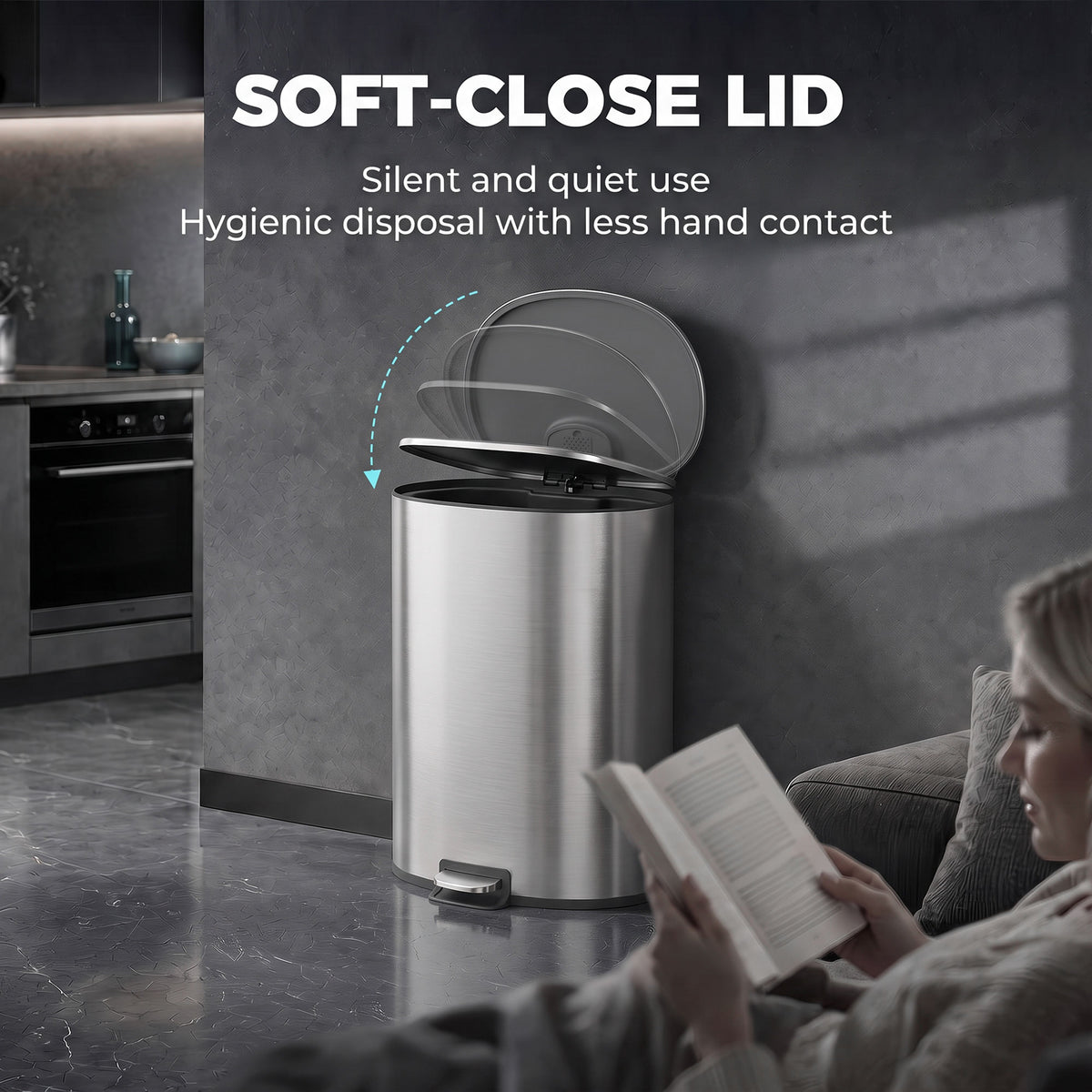 HOMCOM 50L Kitchen Pedal Bin, Rubbish Bin with Soft-Close and Stay-Open Lid, Removable Inner Bucket, Silver Tone