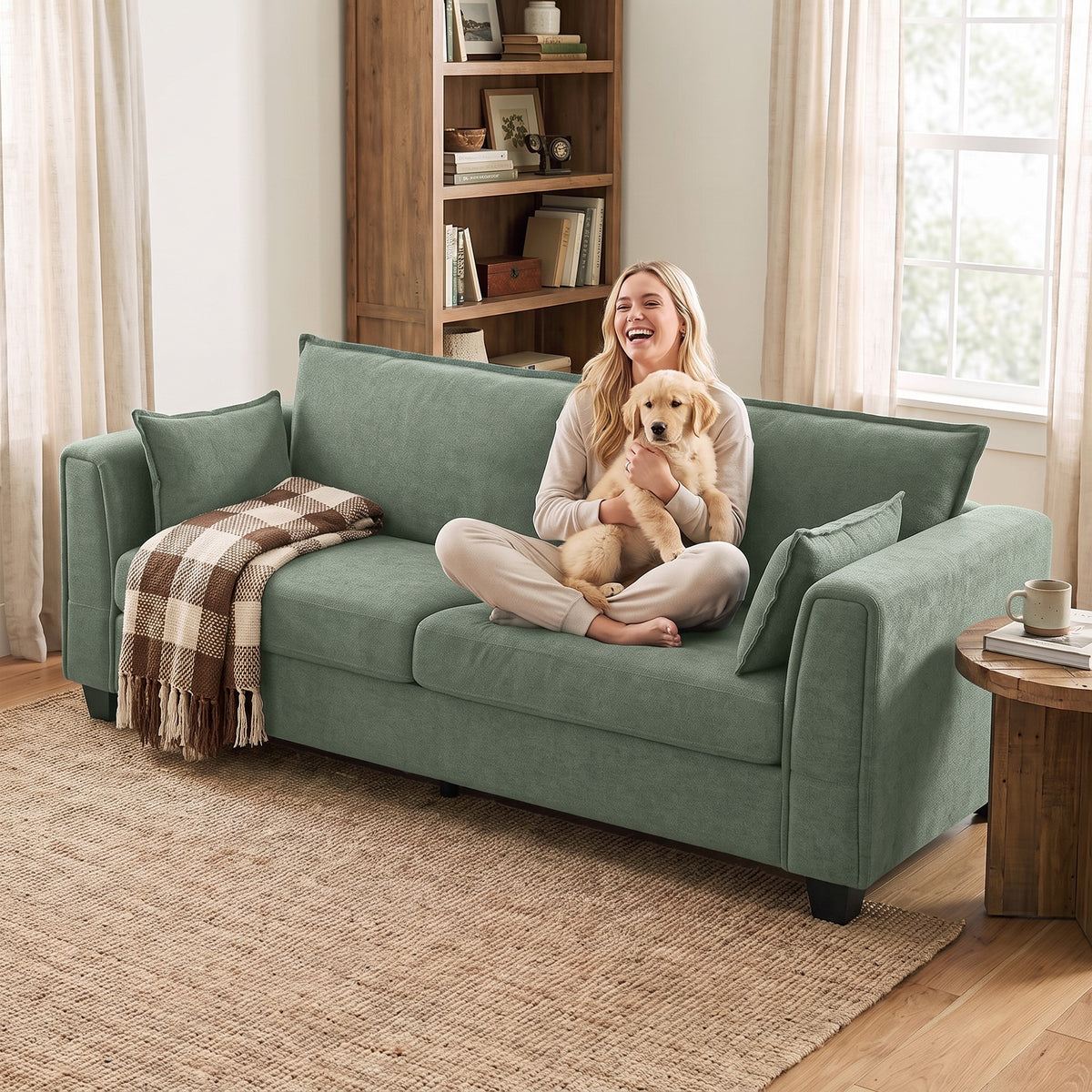 HOMCOM 3 Seater Sofa, Linen Upholstered Sofa Couch with Spring Cushions, Thick Padding, Wide Padded Armrests, Green