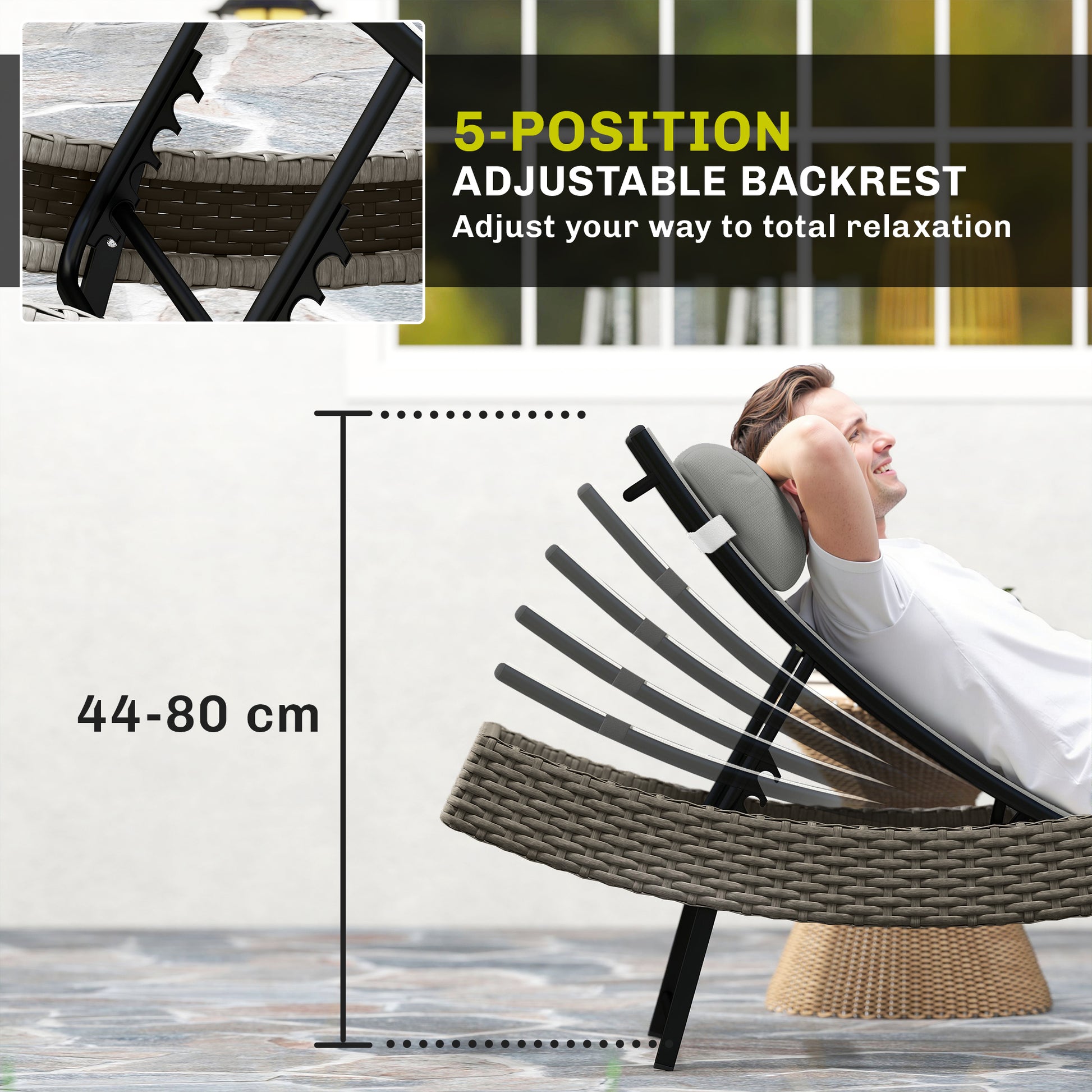 Outsunny Rattan Sun Lounger, Garden Recliner with 5 Position Adjustable Back, S Shaped Texteline Seat, Headrest, Light Grey