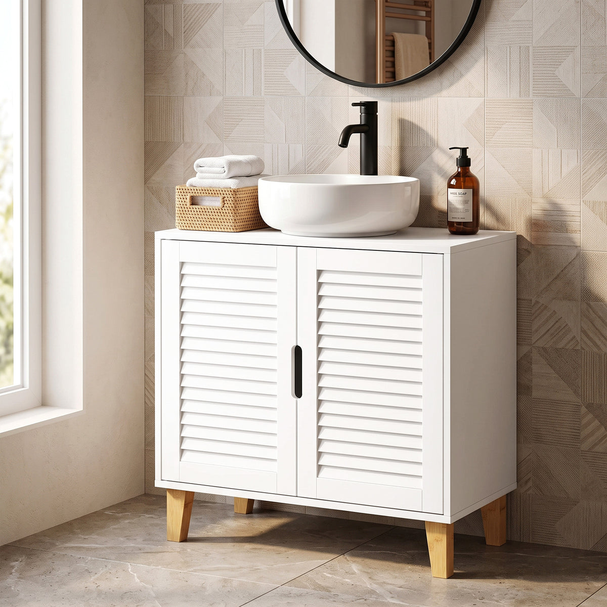 HOMCOM Under Sink Bathroom Cabinet Adjustable Shelf Under Sink Cabinet 2 Louvered Doors, White