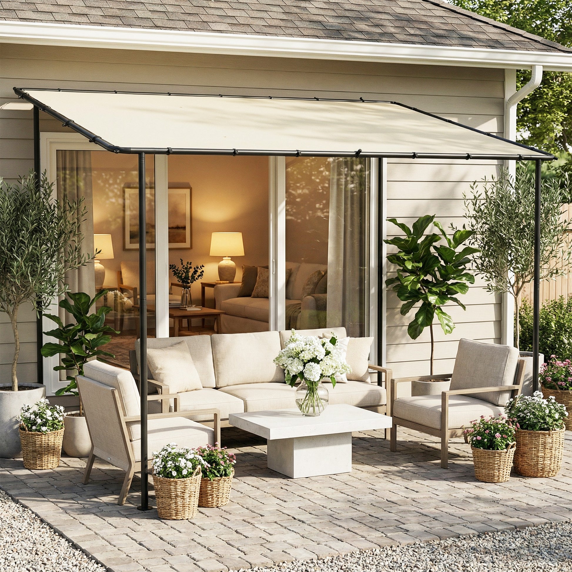 Outsunny 3 x 2 m Lean to Garden Pergola, Metal Frame Gazebo Pergola with UPF30+ Protection, Sloped Roof, Drainage Holes, Cream