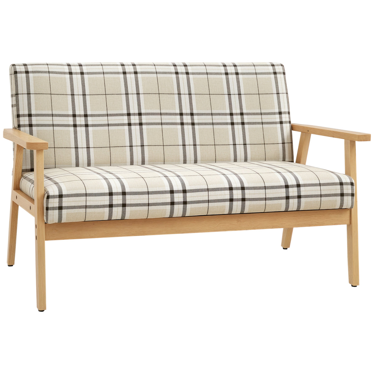 HOMCOM Compact Loveseat Couch Double Seat Sofa with Lattice Pattern and Rubber Wood Frame Beige and Coffee Default Title