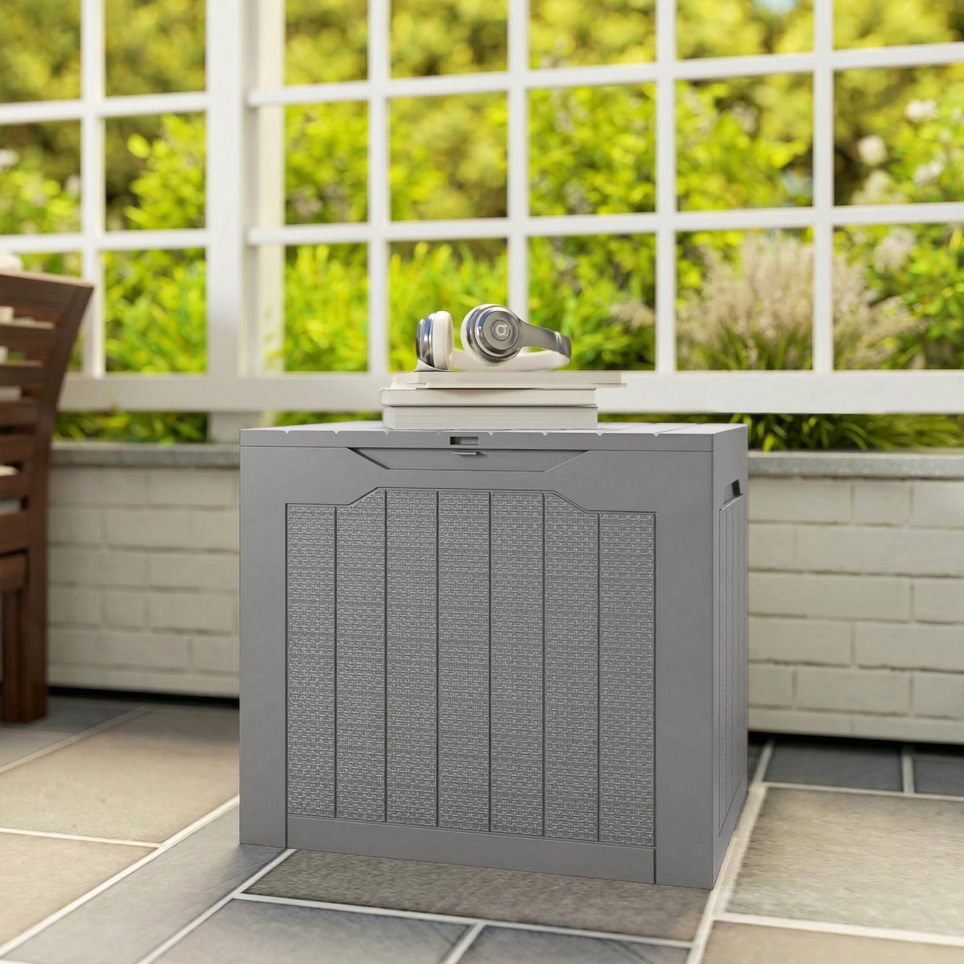 Outsunny 73L Plastic Garden Storage Box, Outdoor Storage Box with Handles, Waterproof Outdoor Storage Container, Khaki