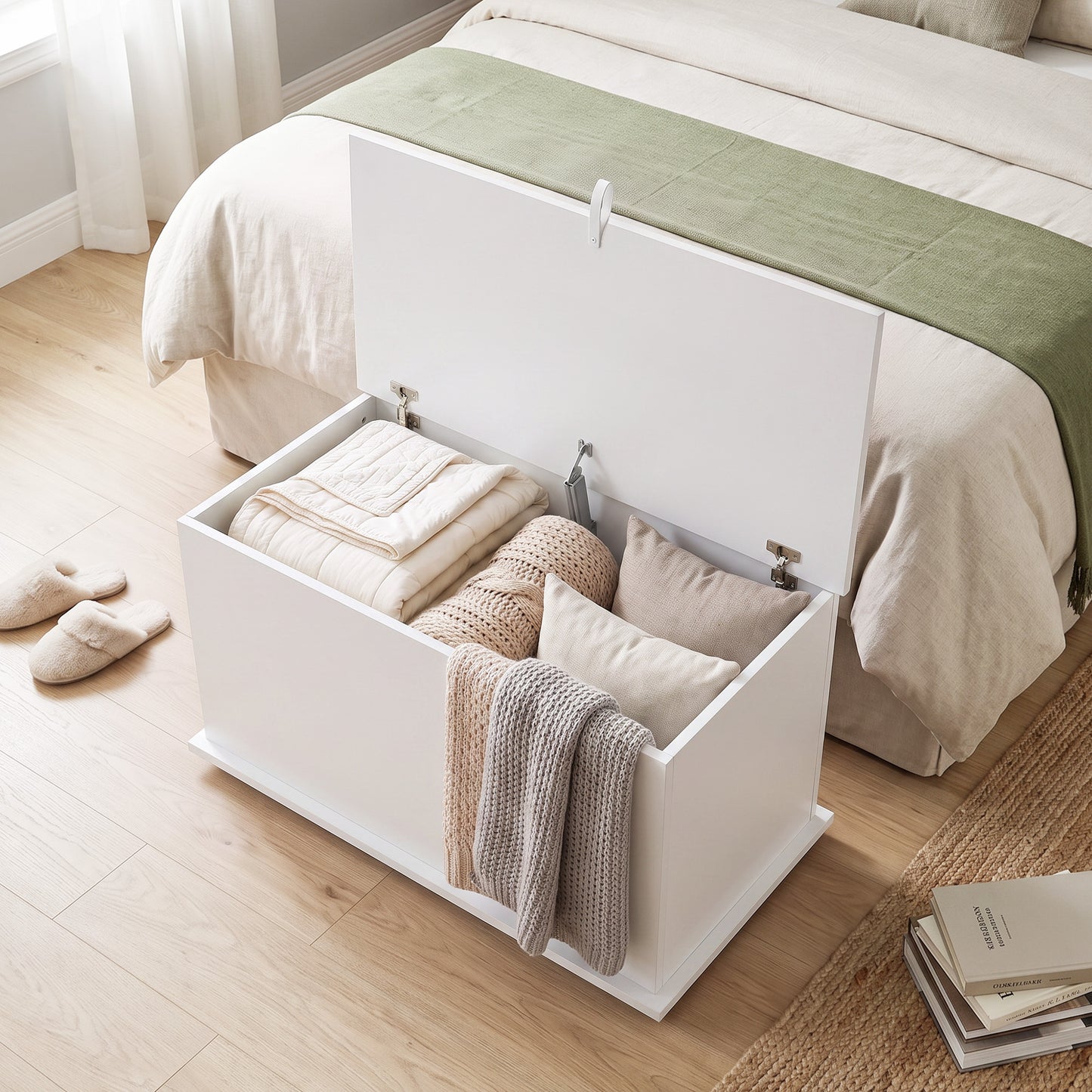 HOMCOM Storage Chest, 102L Blanket Box, Shoe Bench with Safety Hinged Lid, Bed End Bench for Bedroom, 80 x 40 x 45cm, White