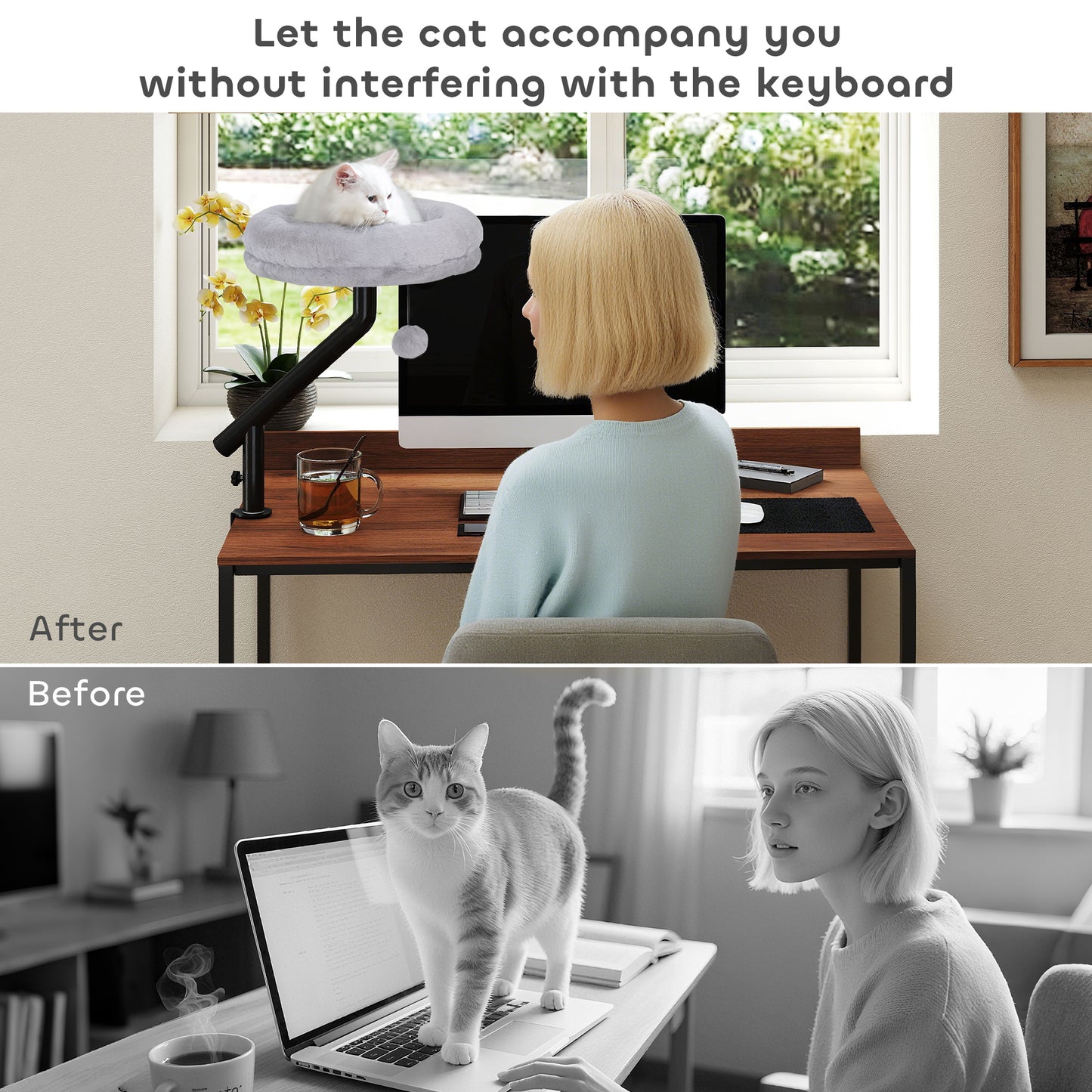 PawHut Cat Desk Bed, Cat Hammock 360Â° Rotatable Adjustable for Window, Table, Work, Grey
