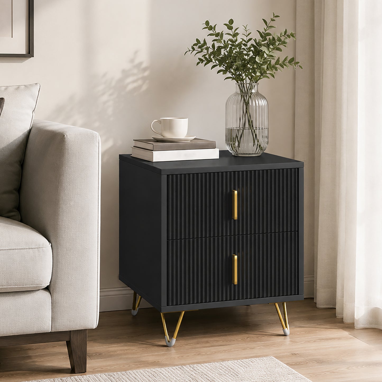 HOMCOM Elegant Fluted Bedside Table - Black/Gold-Tone
