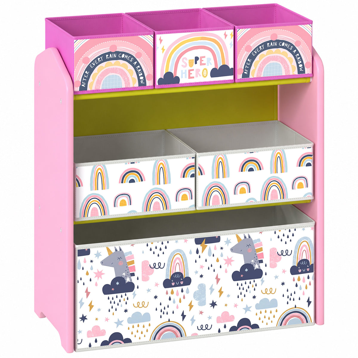 AIYAPLAY Toy Storage Organiser, 3-Tier Wooden Kids Toy Storage Rack with 6 Fabric Storage Bins for Bedroom, Kids Room, Pink Default Title