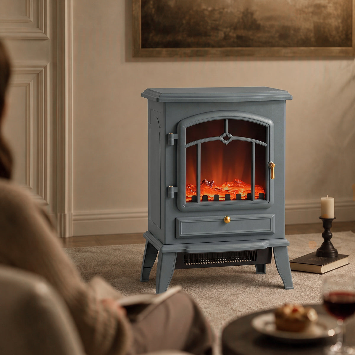 HOMCOM Electric Fireplace Stove, 1000W/2000W, Electric Fire Heater with LED Flame Effect, Adjustable Thermostat, Grey