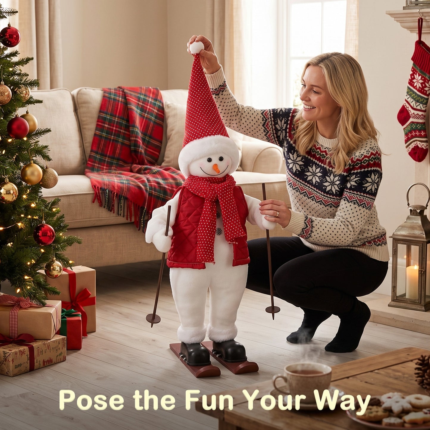 HOMCOM 2ft Singing Skiing Santa Claus, Standing Christmas Animated Santa Figure with Ski Board, Poles, Sound/Touch Activated