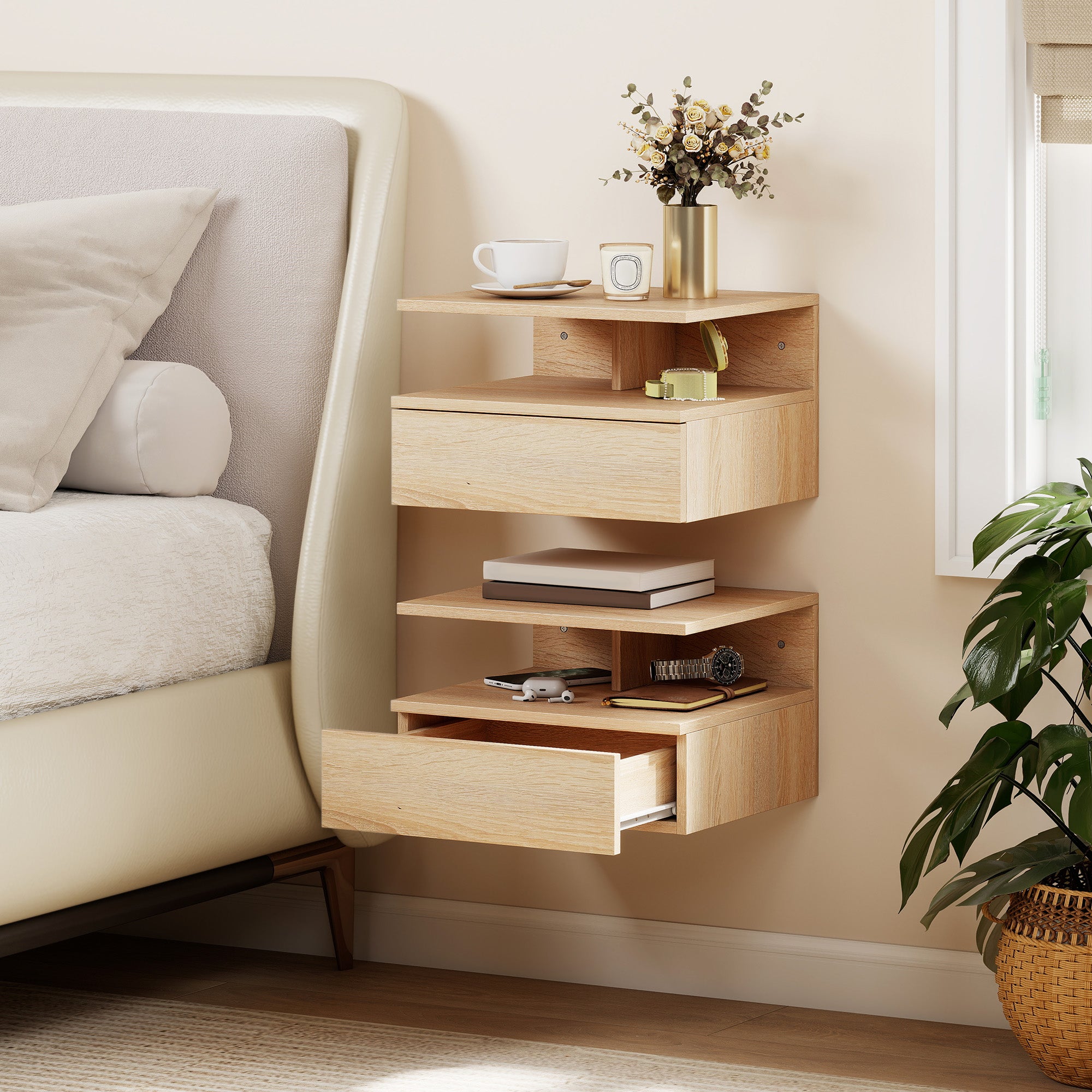 HOMCOM Set of Two Floating Bedside Tables - Oak – LiamsBargains.co.uk