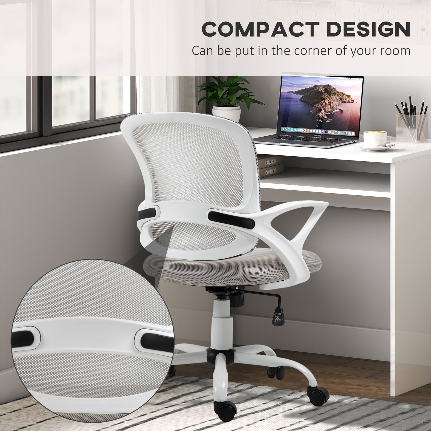 Vinsetto Home Office Chair and Computer Desk Set, Mesh Chair with Swivel Wheels, Study Desk with Storage Shelf, High Gloss White and Grey