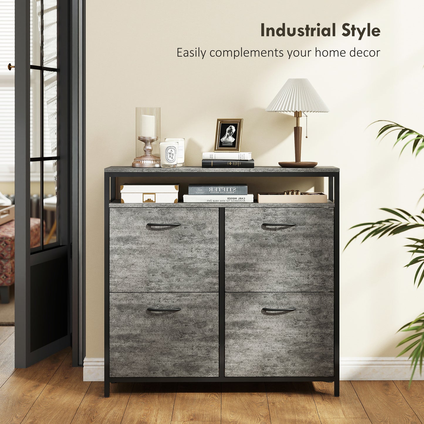 HOMCOM Shoe Storage Cabinet with 4 Flip Drawers and Open Shelf - Cement Grey