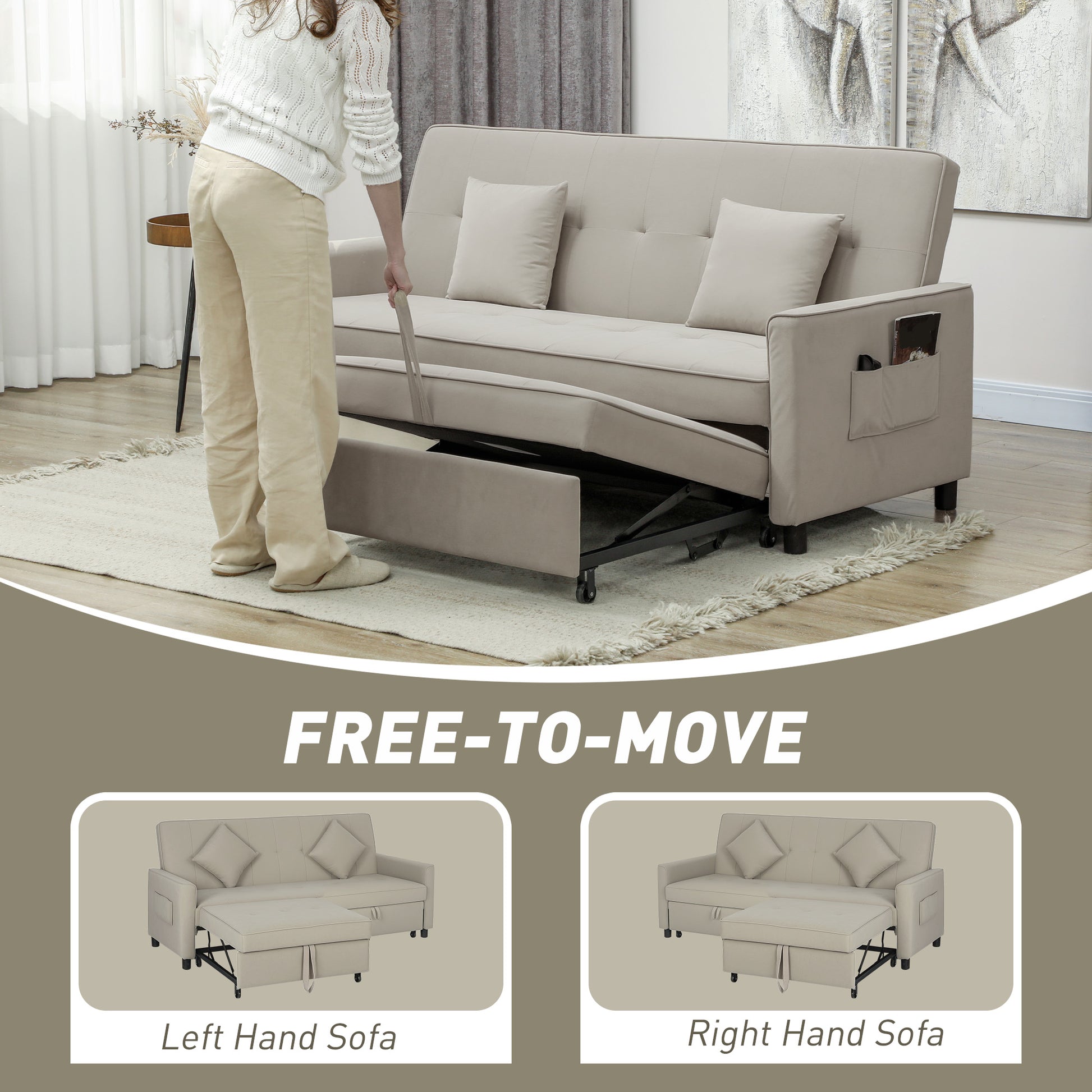 HOMCOM 3 Seater Velvet Sofa Bed, Convertible Pull-Out Sofa Bed with Adjustable Backrest, Space Saving Living Room Sofa, Beige