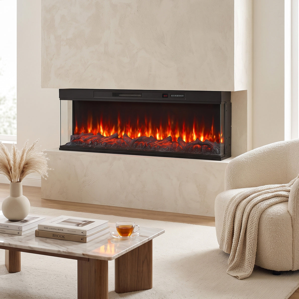 HOMCOM 60" Electric Fireplace Insert, 3-Sided Freestanding/Wall Recessed Electric Fire Heater with Adjustable Flame, 1800W