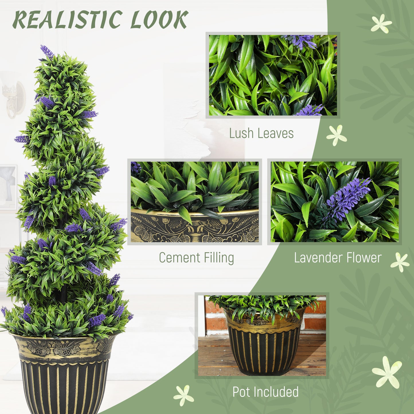 HOMCOM Set of 2 Decorative Artificial Plants, Boxwood Spiral Topiary Tree with Lavender and Pot, Fake Plants for Home Indoor Outdoor Decor, 90cm