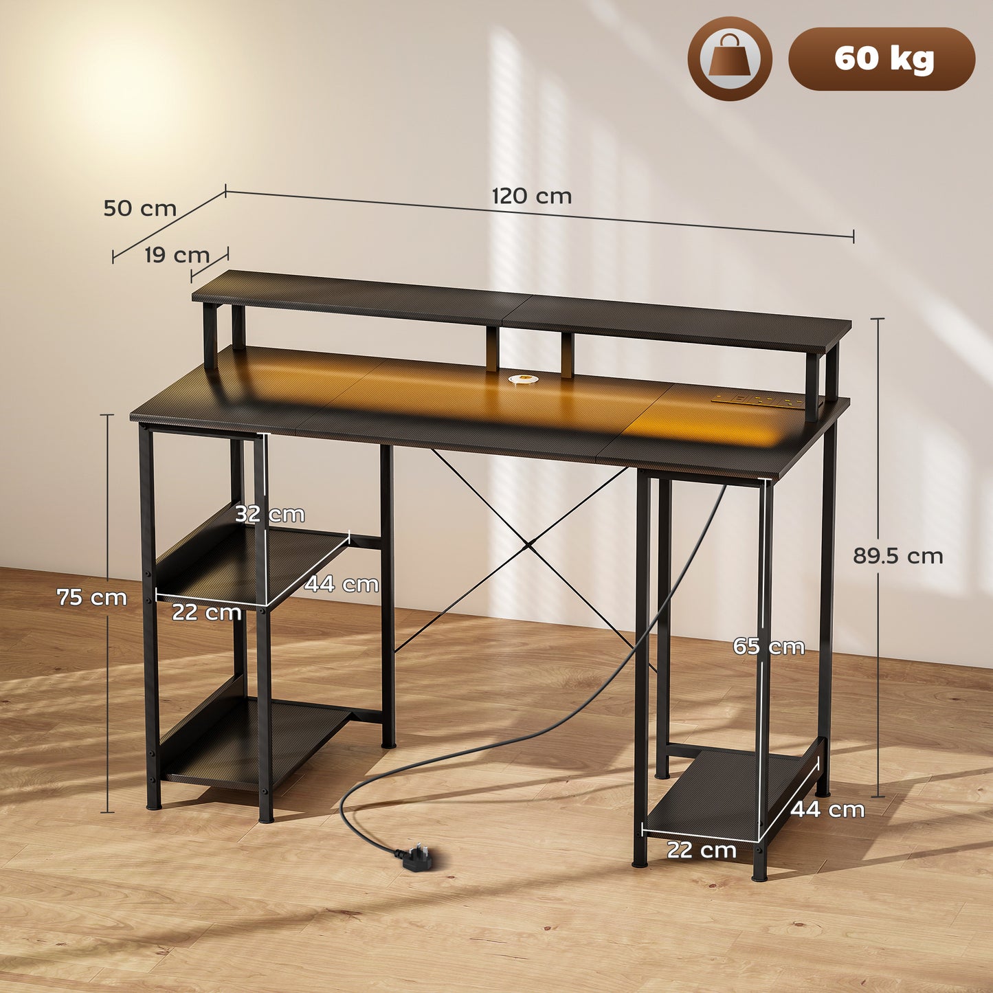 HOMCOM LED Computer Desk, with Power Outlets and Shelves - Carbon Fibre Grey