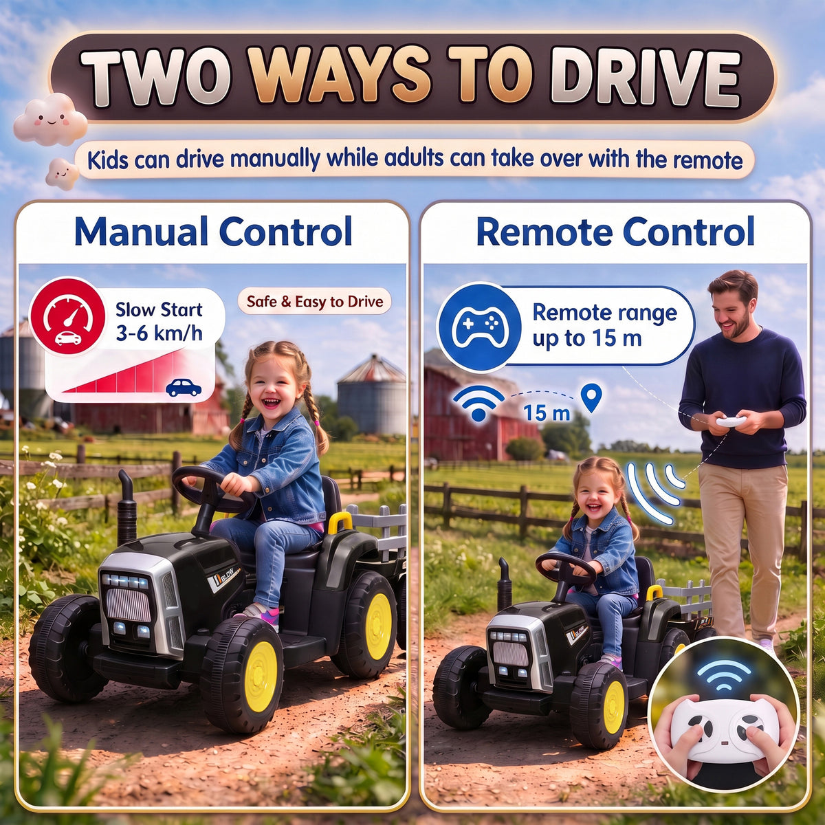 HOMCOM 12V Kids Ride on Tractor with Detachable Trailer, Remote, Soft Start, Seat Belt, Music, USB, Horn, Lights for 3-6, Black
