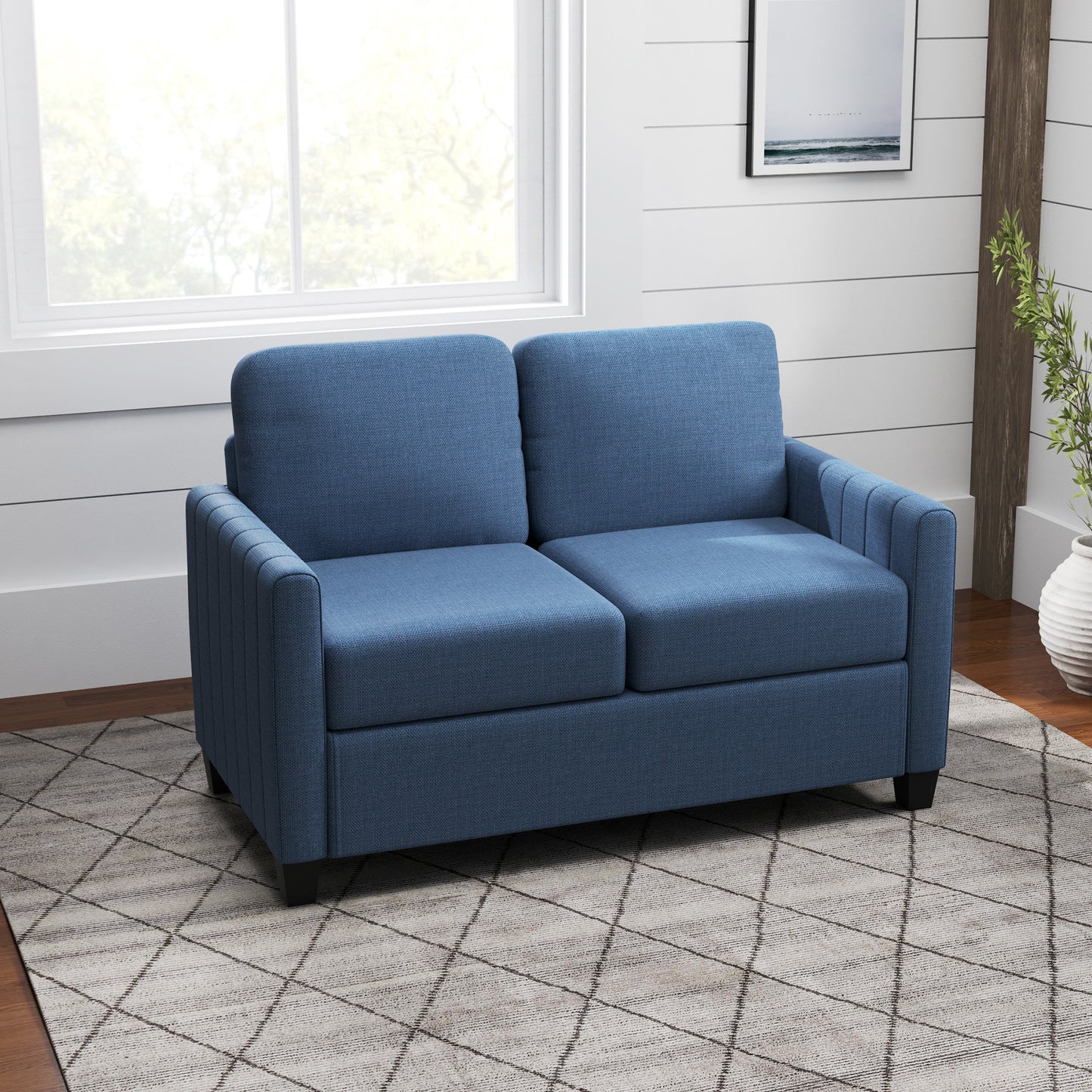 HOMCOM Modern Boxy Linen-Look Two-Seater Sofa - Blue