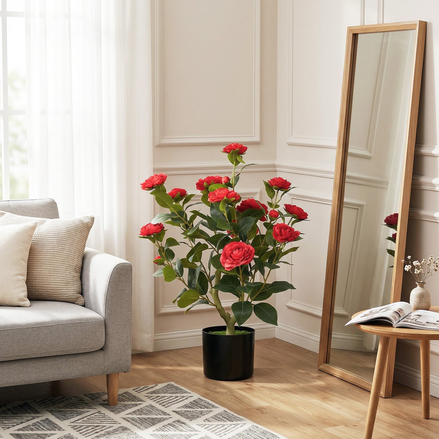HOMCOM 65cm Artificial Camellia Flower Plant in Pot with 116 Lush Leaves & Moss Effect, Red