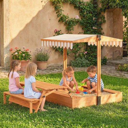 AIYAPLAY Kids Sand Pit with Lid, Wooden Sandpit with Canopy, Foldable Picnic Table, Bench Seats, Bottom Liner for Patio Garden