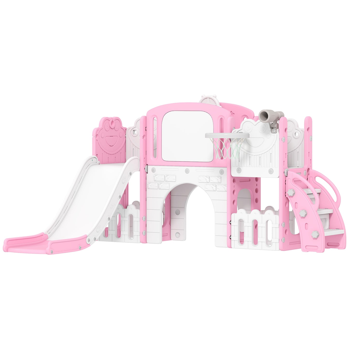 AIYAPLAY 7 in 1 Toddler Slide Set with Basketball Hoop, Climbing Frame, Telescope, Drawing Board, Storage Box, Pink Default Title