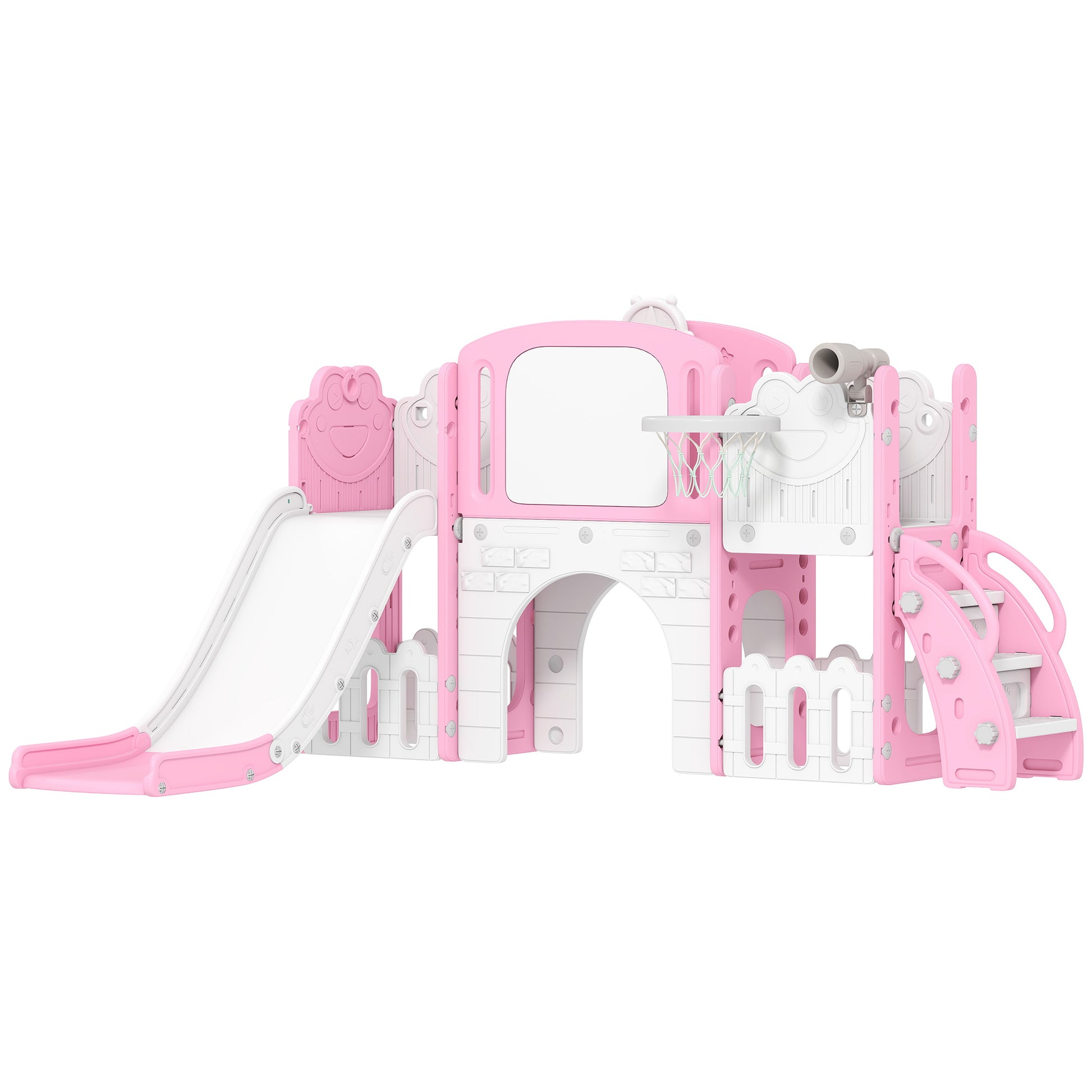 AIYAPLAY 7 in 1 Toddler Slide Set with Basketball Hoop, Climbing Frame, Telescope, Drawing Board, Storage Box, Pink Default Title