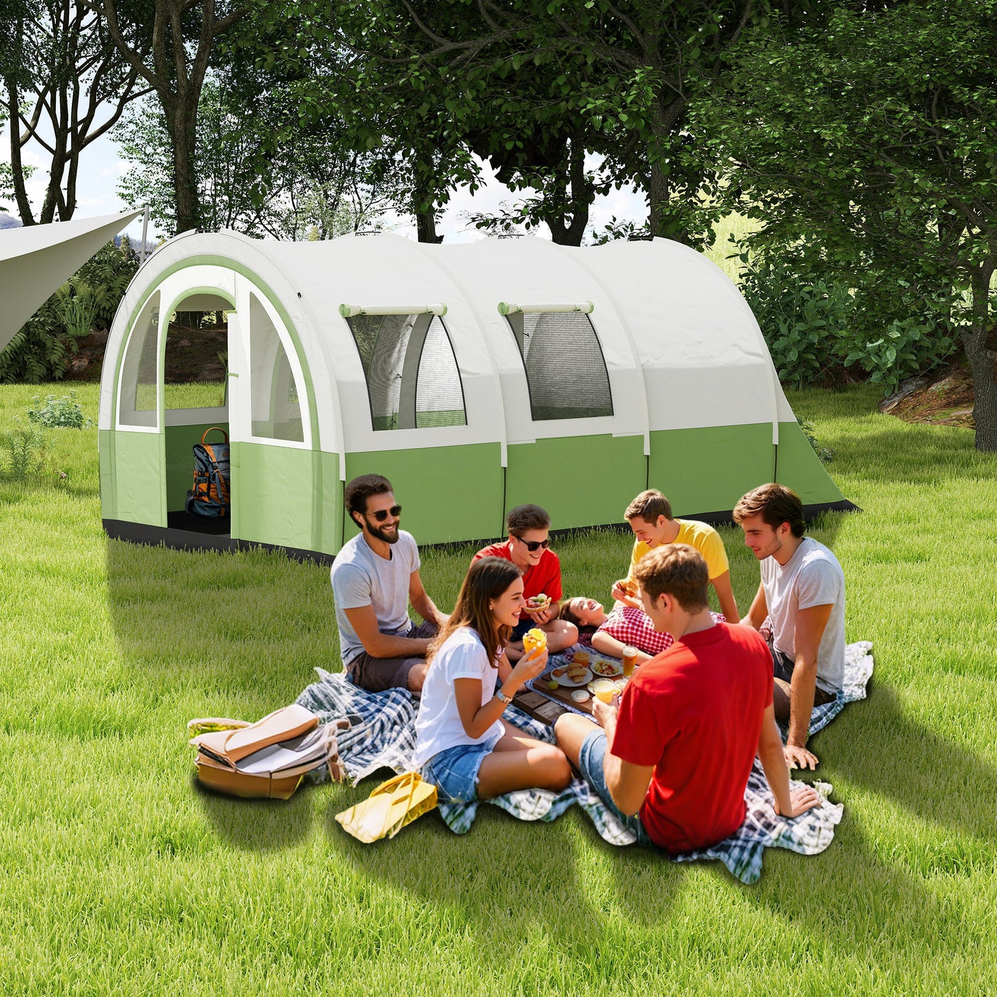 Outsunny Three Man Duo Room Tunnel Tent, with Accessories - Cream/Green