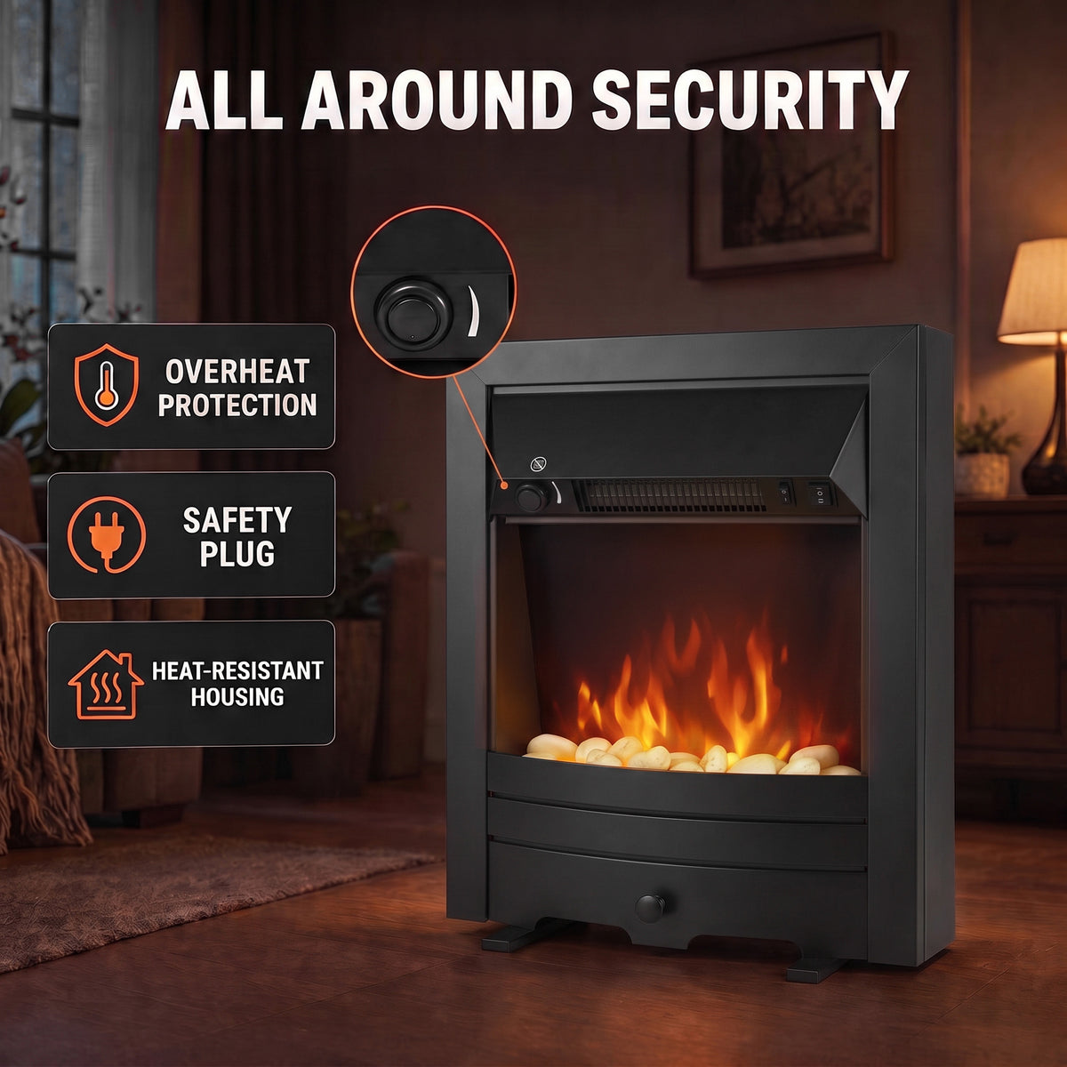 HOMCOM Electric Fireplace Stove Freestanding/Inset, 2000W, Electric Fire with LED Flame, Pebbles, Adjustable Thermostat, Black