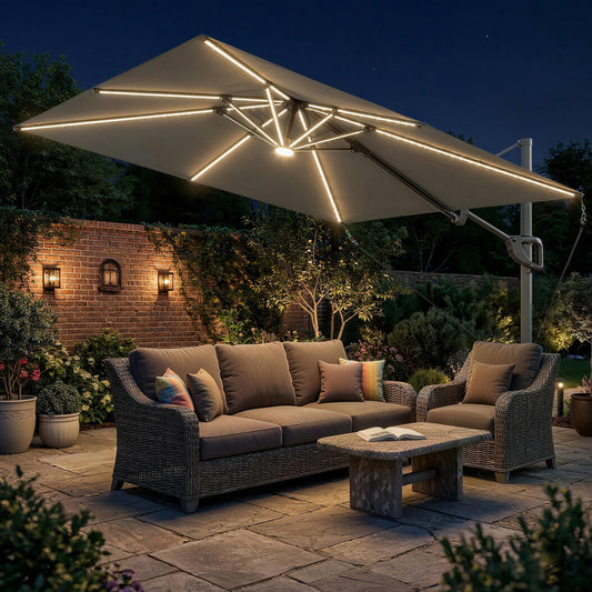 Outsunny 3 x 3 m Garden Cantilever Parasol w/ Light, Cover, UPF50+ Patio Umbrella w/ Wind Protection, 360Â° Rotation, Dark Grey