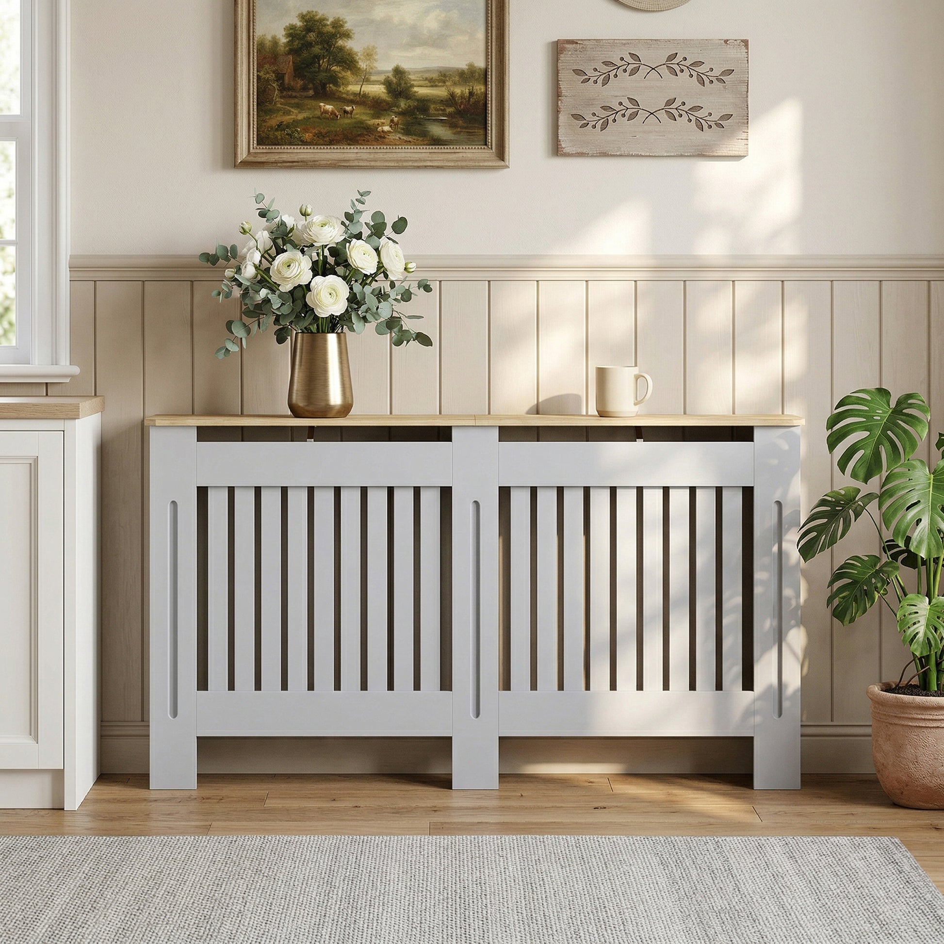 HOMCOM Slatted Radiator Cover, Painted Cabinet with Line Grill Design, 152L Ã— 19W Ã— 81H cm, Grey
