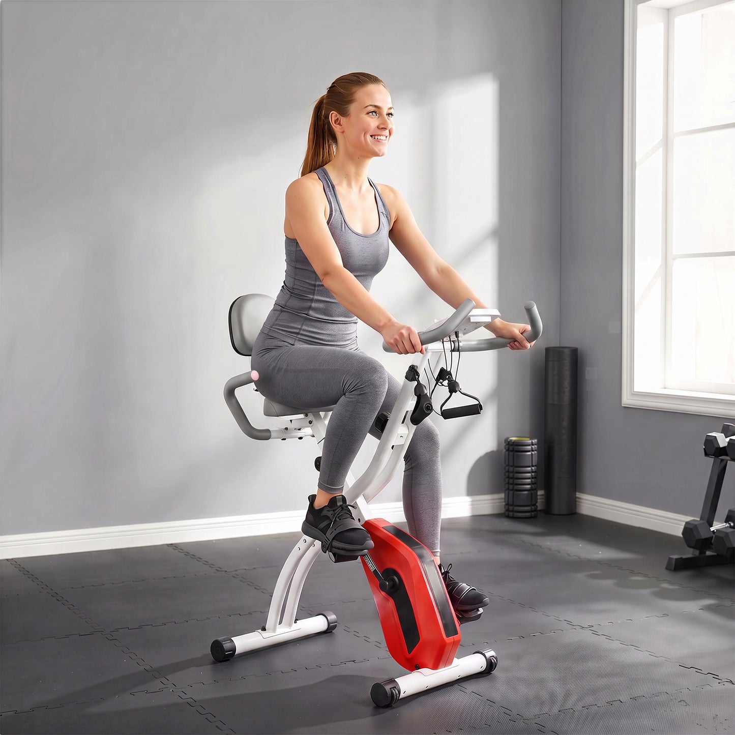 SPORTNOW 4-In-1 Folding Exercise Bike with Resistance Bands, Bluetooth App, 8-Level Magnetic Resistance, LCD Display, Orange