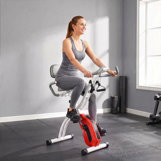 SPORTNOW 4-In-1 Folding Exercise Bike with Resistance Bands, Bluetooth App, 8-Level Magnetic Resistance, LCD Display, Orange