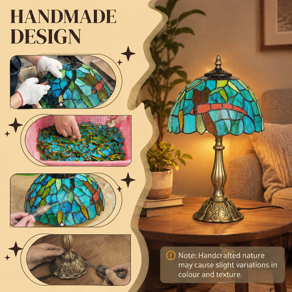 HOMCOM Tiffany Stained Glass Table Lamp, Handmade Antique Bedside Lamp for Bedroom, Living Room, Nightstand, Green