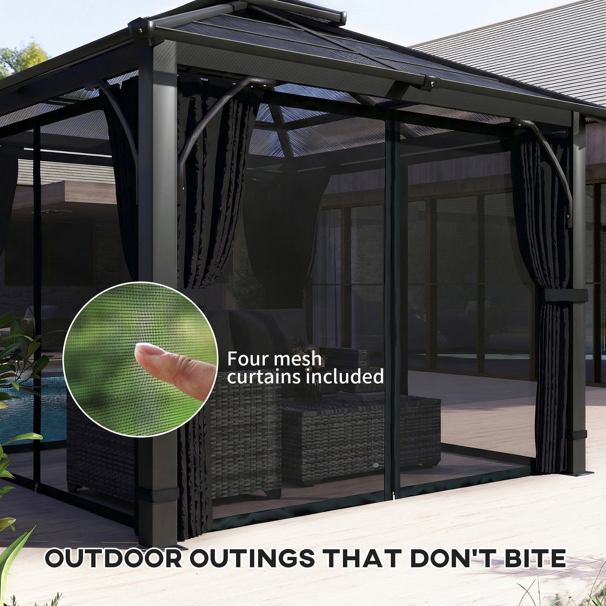 Outsunny 2.5 x 2.5 m Hardtop Gazebo Canopy with 7mm PC Roof, Garden Gazebo Permanent Pavilion with Netting, Curtains, Dark Grey